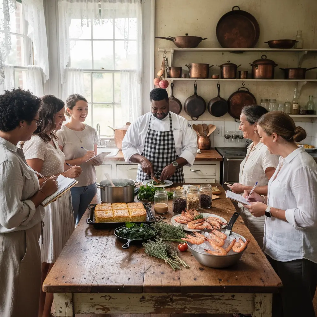 Посещение плантации с ухоженными полями и традиционными южными постройками.