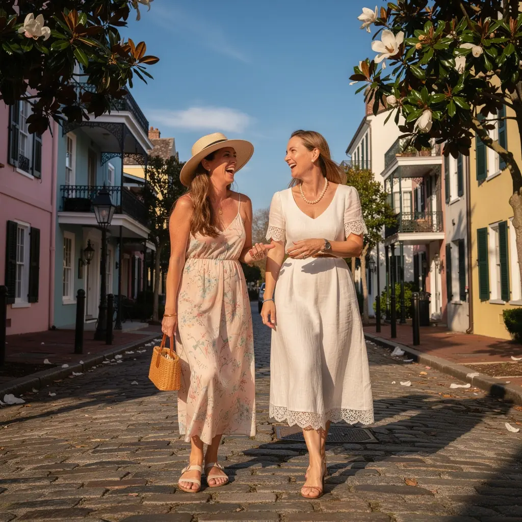 Историческая архитектура Чарлстона с красивыми южными домами и зелеными садами.